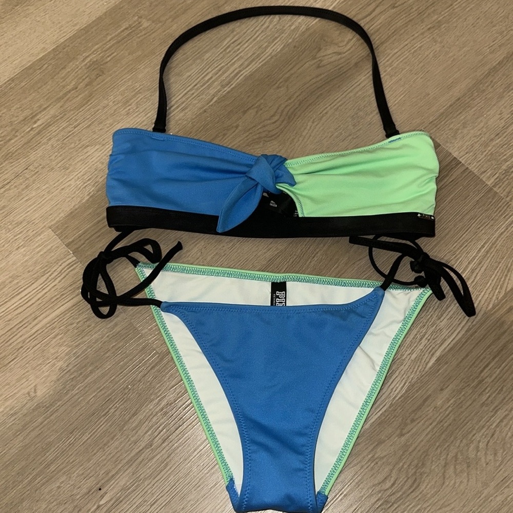 Victoria's Secret PINK neon bandeau bikini set small blue green - Picture 4 of 12